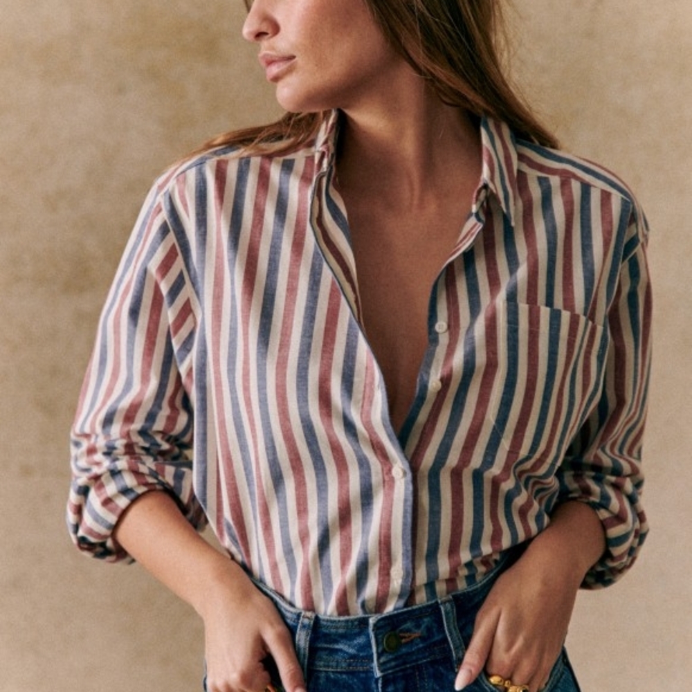 NWOT Sezane Max Shirt - Size 14 - Blue Ecru Burgundy Stripes